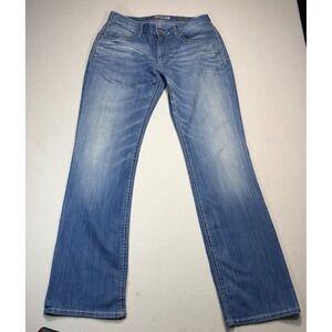 BKE Derek Mens Light Wash Bootcut Denim Jeans Size 32L Thick Stitching